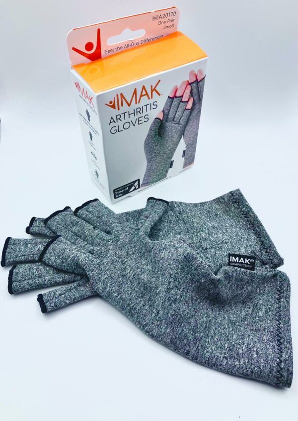 One pair of IMAK Arthritis gloves in colour grey, in front of the product box.