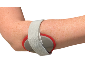 Tennis elbow counter strap on a person's upper arm. 